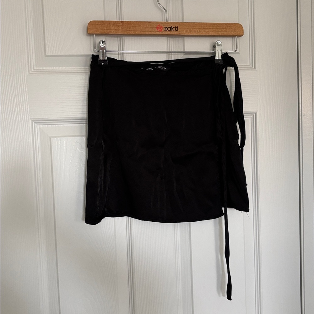 Zara Wrap Tie Satin Skirt in Black